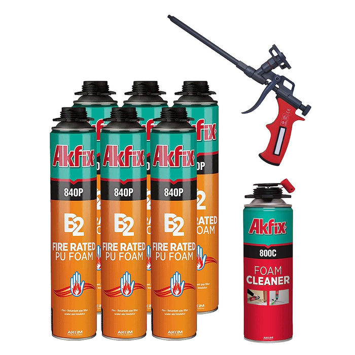 Akfix 840P Fire Rated Polyurethane Foam Set - 6 Pack+1 Foam Gun+1 Foam Cleaner