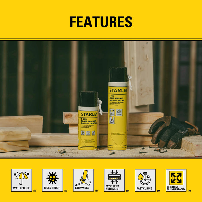 Stanley F905 Gaps & Cracks Polyurethane Foam Sealant with Straw Adapter 12/24 oz