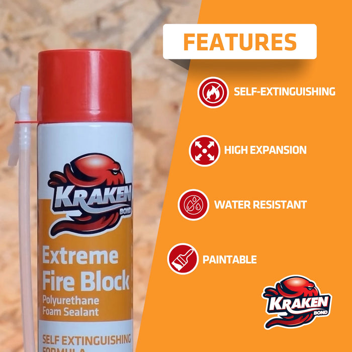 Kraken Bond Extreme Fire Block Polyurethane Straw Foam Sealant 12/24 oz