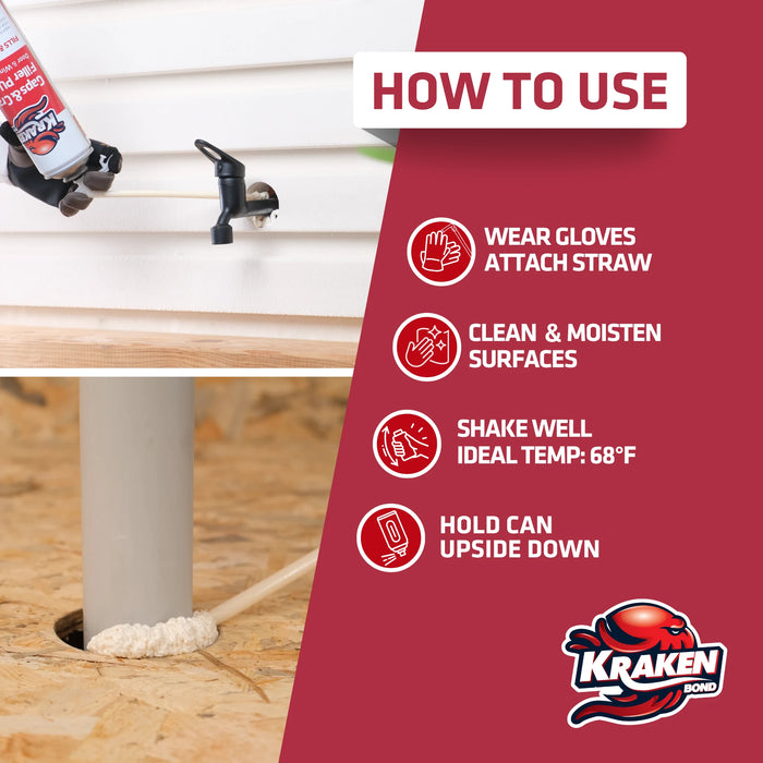 Kraken Bond Gaps & Cracks Filler Straw Foam, Insulating Foam Sealant 12/24 oz