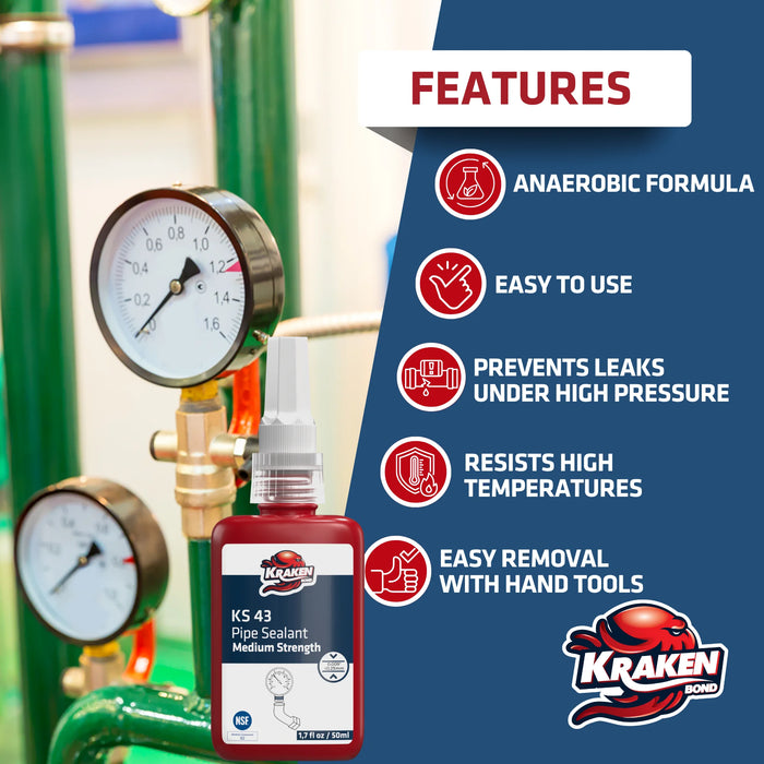 Kraken Bond Pipe Thread Sealant Medium Strength  - KS 43, 1.7 fl oz / 50 ml