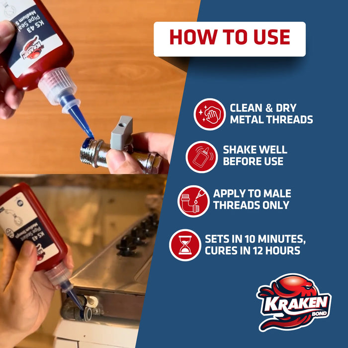 Kraken Bond Pipe Thread Sealant Medium Strength  - KS 43, 1.7 fl oz / 50 ml