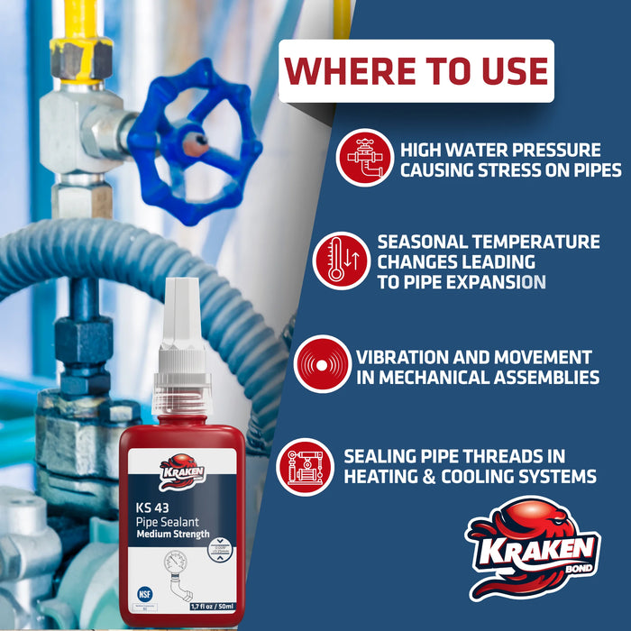 Kraken Bond Pipe Thread Sealant Medium Strength  - KS 43, 1.7 fl oz / 50 ml