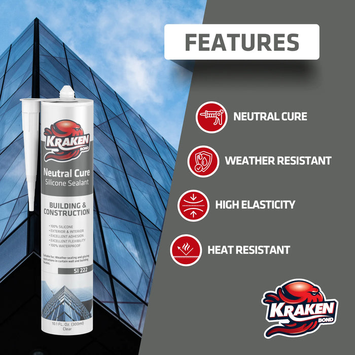 Kraken Bond Neutral Cure Building-Construction Silicone Sealant - Clear, 10.1 fl oz