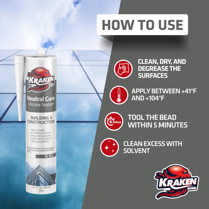 Kraken Bond Neutral Cure Building-Construction Silicone Sealant - Clear, 10.1 fl oz