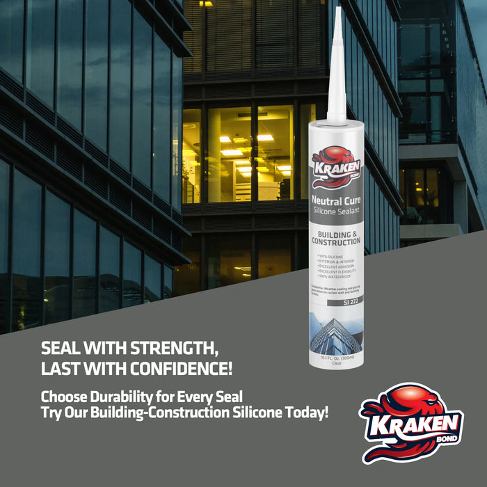 Kraken Bond Neutral Cure Building-Construction Silicone Sealant - Clear, 10.1 fl oz