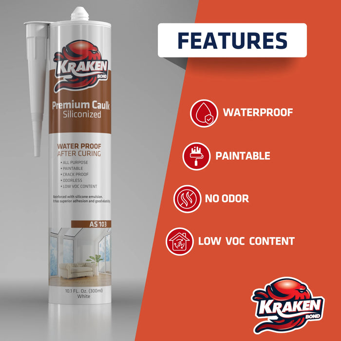 Kraken Bond Premium Siliconized Caulk Sealant - White, 10.1 fl oz