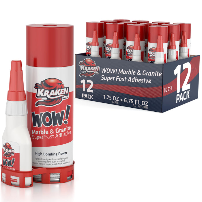 Kraken Bond WOW Marble & Granite Super Fast Adhesive with Accelerator Spray 1.75 oz+6.75 fl oz