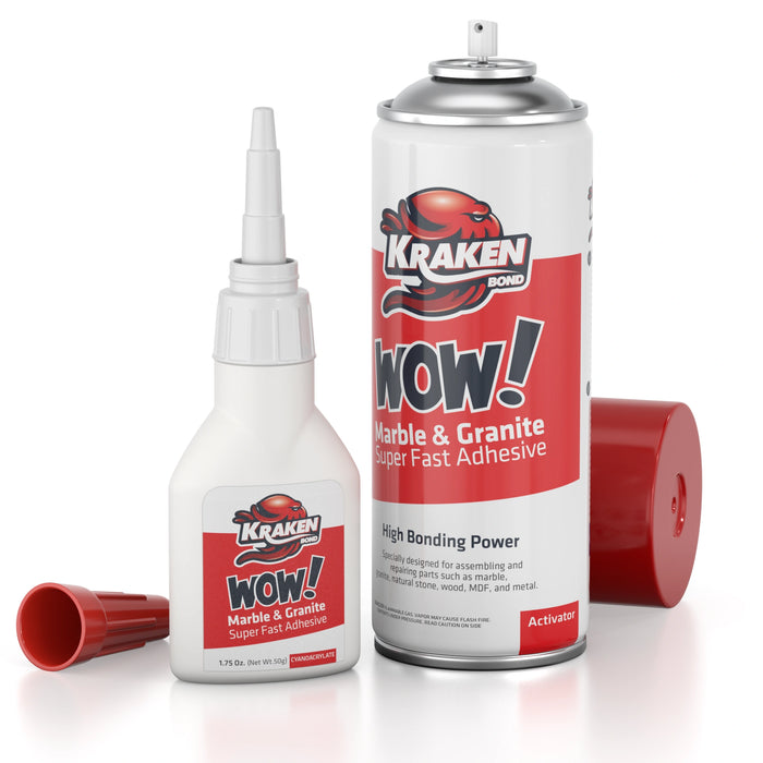Kraken Bond WOW Marble & Granite Super Fast Adhesive with Accelerator Spray 1.75 oz+6.75 fl oz