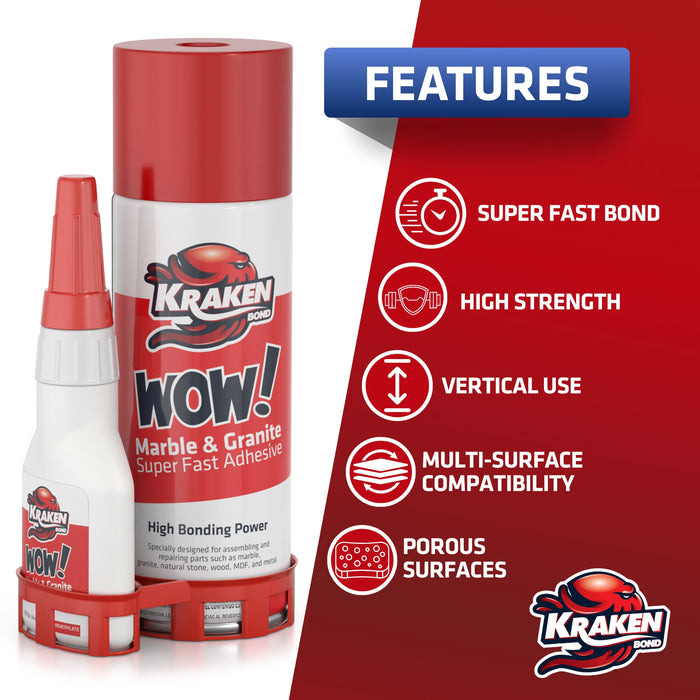 Kraken Bond WOW Marble & Granite Super Fast Adhesive with Accelerator Spray 1.75 oz+6.75 fl oz