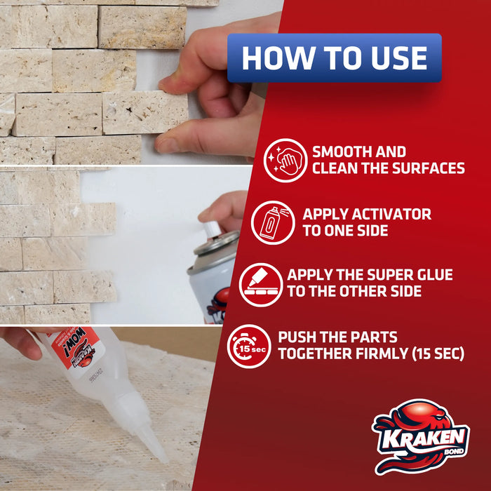 Kraken Bond WOW Marble & Granite Super Fast Adhesive with Accelerator Spray 1.75 oz+6.75 fl oz