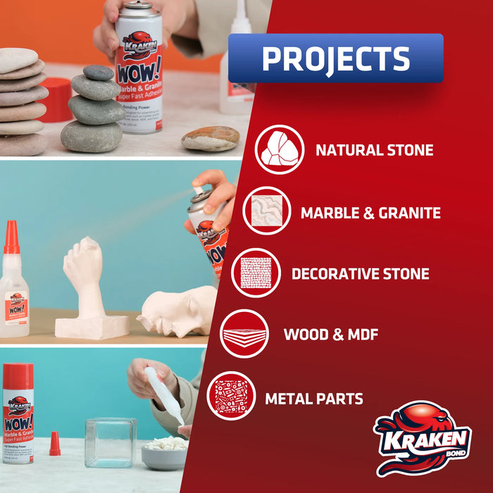 Kraken Bond WOW Marble & Granite Super Fast Adhesive with Accelerator Spray 1.75 oz+6.75 fl oz