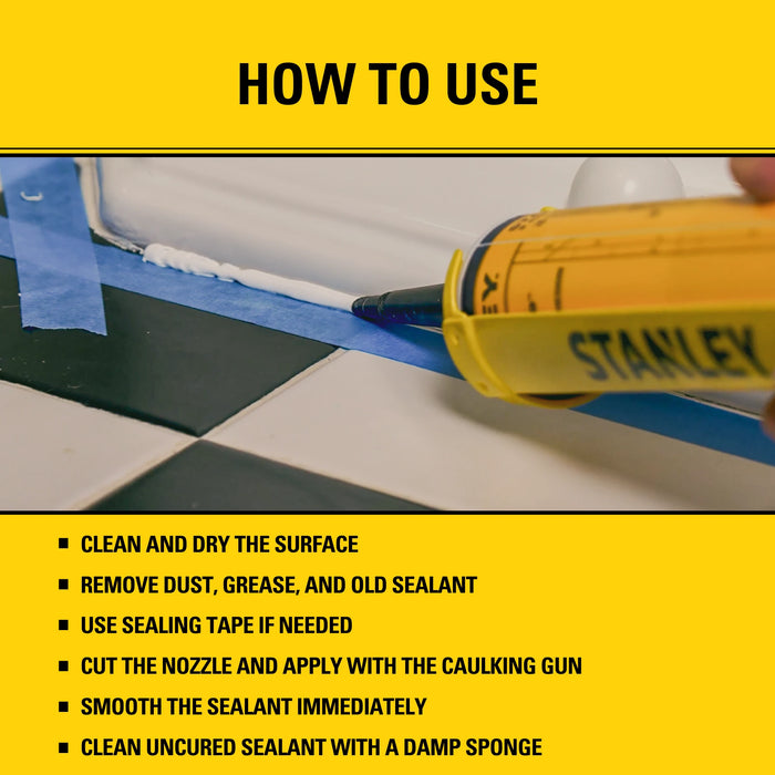 Stanley S422 Kitchen & Bath Tub & Tile Silicone Sealant (Acetoxy cure) - White/Clear, 10.1 fl oz