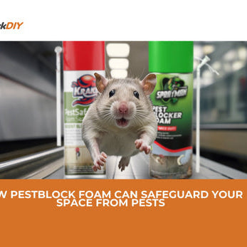 A mouse running past cans of Pestblock Foam with a focus on the product.