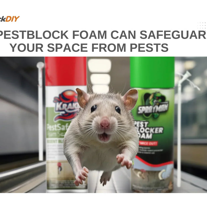 A mouse running past cans of Pestblock Foam with a focus on the product.