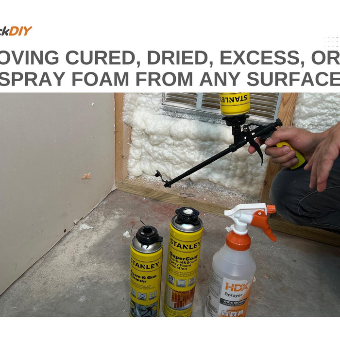 Spray foam gun and cleaning tools near a wall with cured foam insulation.