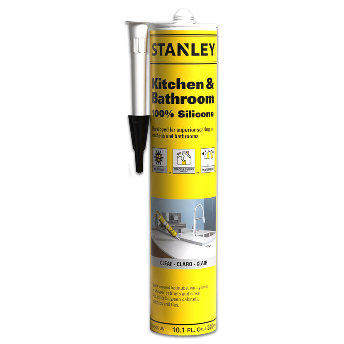 Stanley Kitchen & Bathroom 100% Silicone Sealant, White/Clear (Acetoxy cure) 10.1 fl oz