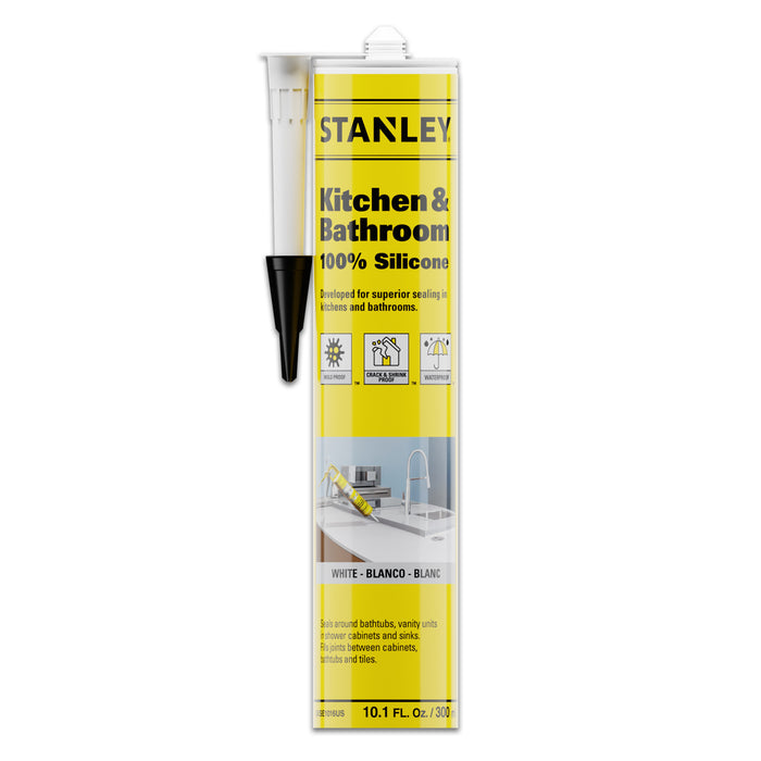 Stanley Kitchen & Bathroom 100% Silicone Sealant, White/Clear (Acetoxy cure) 10.1 fl oz