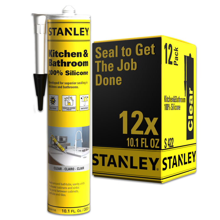 Stanley Kitchen & Bathroom 100% Silicone Sealant, White/Clear (Acetoxy cure) 10.1 fl oz