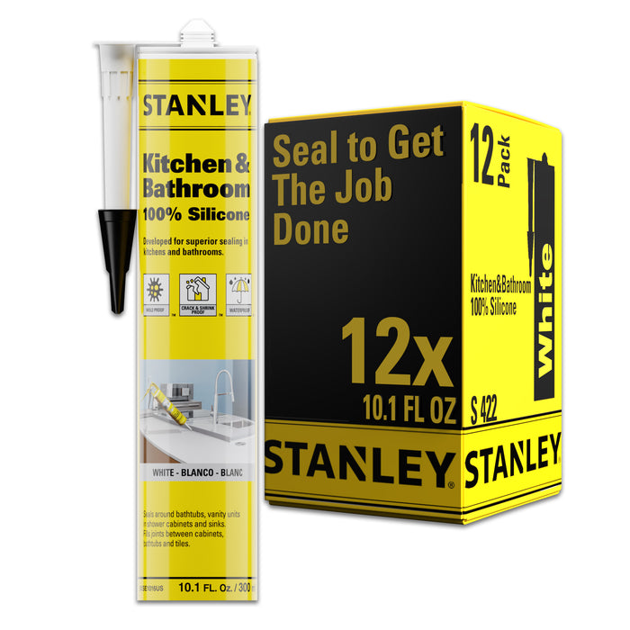 Stanley Kitchen & Bathroom 100% Silicone Sealant, White/Clear (Acetoxy cure) 10.1 fl oz