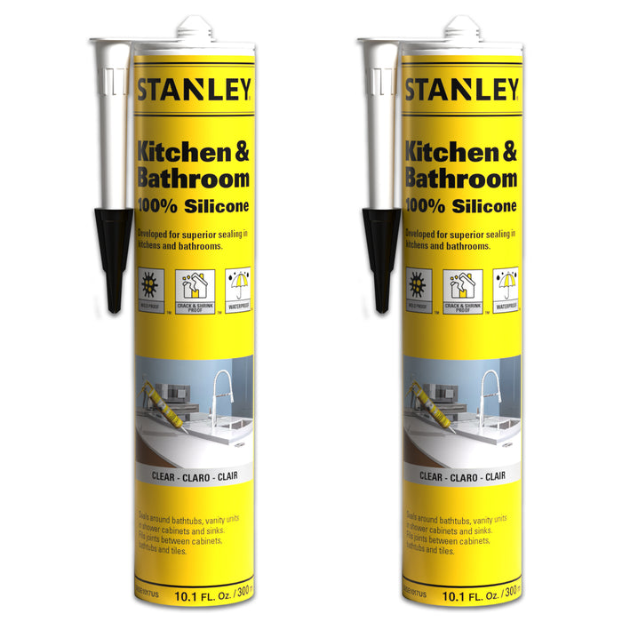 Stanley Kitchen & Bathroom 100% Silicone Sealant, White/Clear (Acetoxy cure) 10.1 fl oz