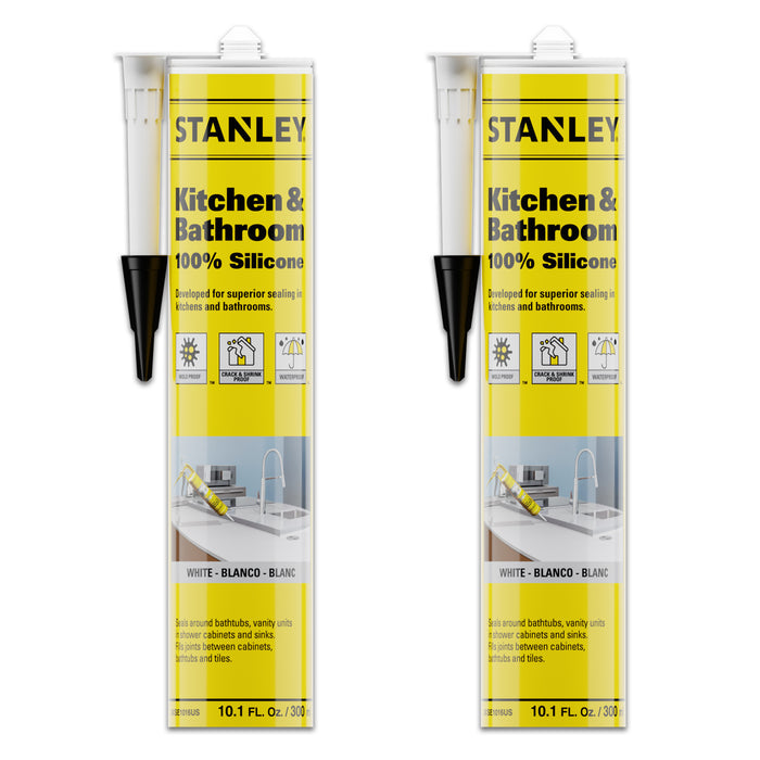 Stanley Kitchen & Bathroom 100% Silicone Sealant, White/Clear (Acetoxy cure) 10.1 fl oz