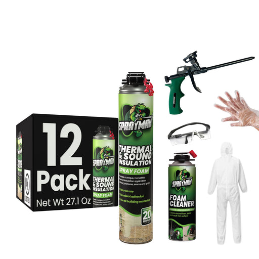 Sprayman Thermal & Sound Insulation Spray Foam Kit 12 Pack + 1 Foam Cleaner + 1 Foam Gun + 1 Protection Set