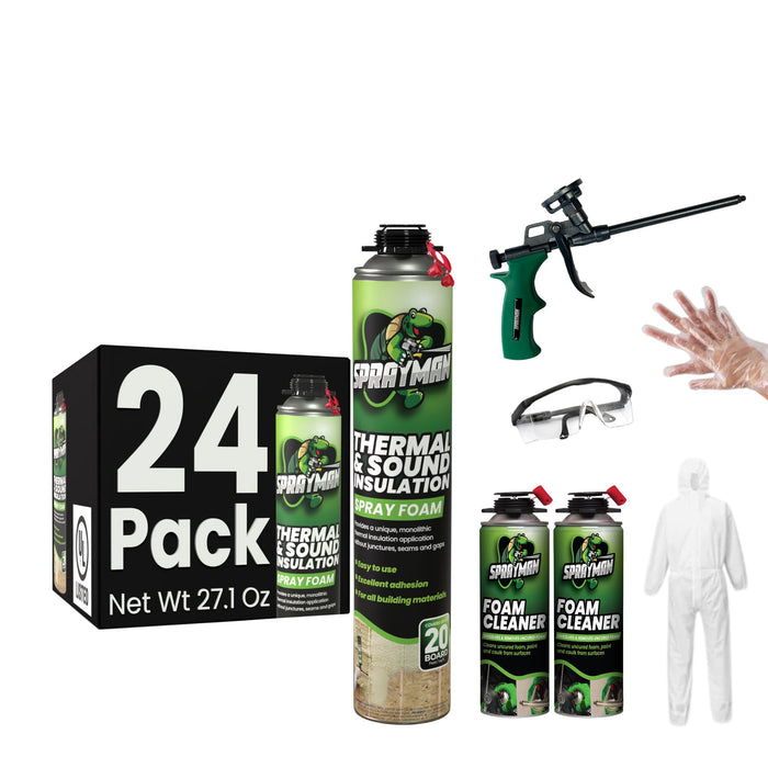 Sprayman Thermal & Sound Insulation Spray Foam Kit 24 Pack + 2 Foam Cleaner + 1 Foam Gun + 1 Protection Set