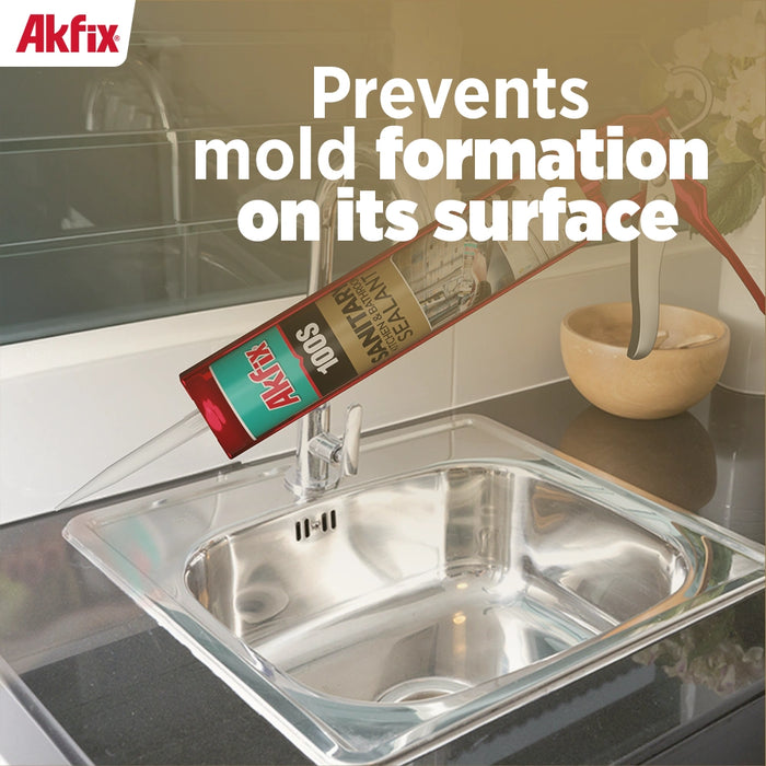 Akfix 100S Sanitary Kitchen & Bathroom Silicone Sealant - White, 10.1 fl oz