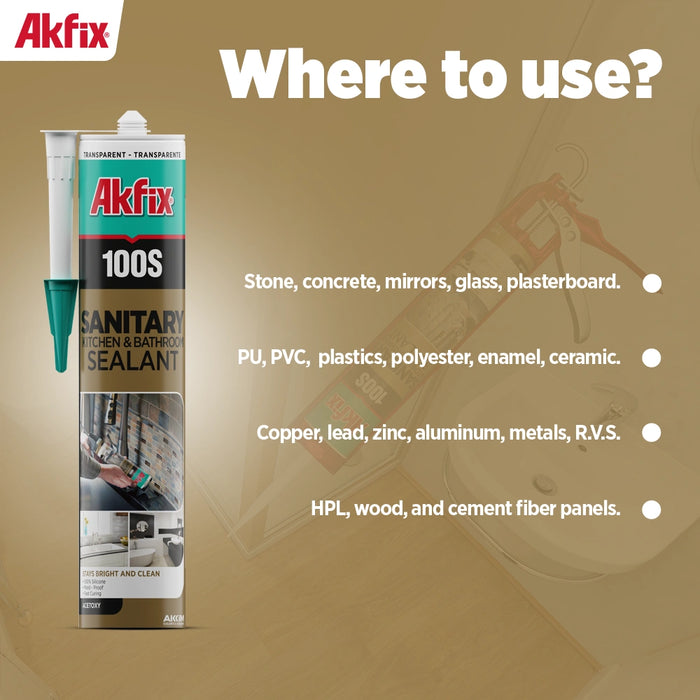 Akfix 100S Sanitary Kitchen & Bathroom Silicone Sealant - White, 10.1 fl oz