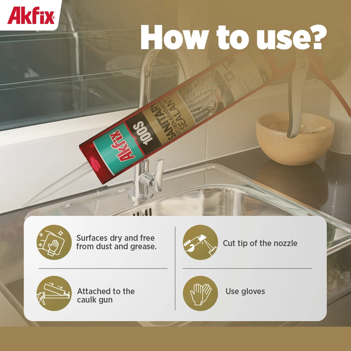 Akfix 100S Sanitary Kitchen & Bathroom Silicone Sealant - White, 10.1 fl oz