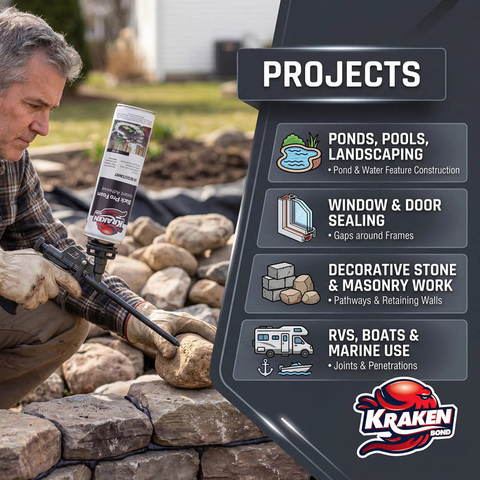 Kraken Bond Black Foam Waterfall & Landscape Adhesive Sealant Gun Use