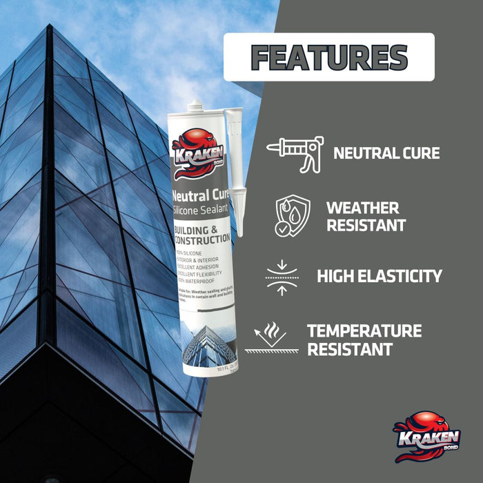 Kraken Bond Neutral Cure Building-Construction Silicone Sealant - Clear, 10.1 fl oz