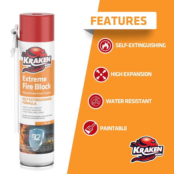 Kraken Bond Extreme Fire Block Polyurethane Straw Foam Sealant 12/24 oz