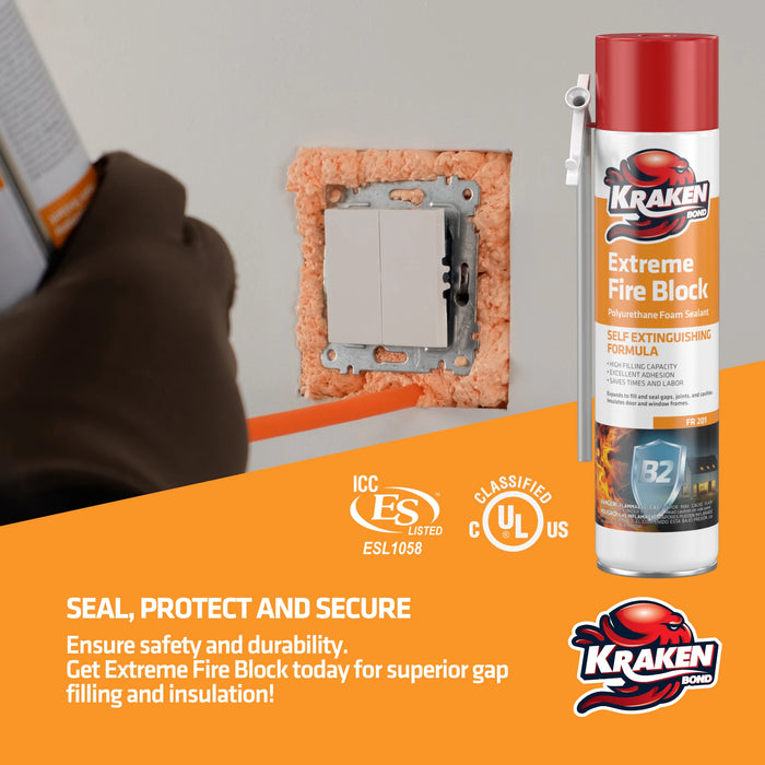 Kraken Bond Extreme Fire Block Polyurethane Straw Foam Sealant 12/24 oz