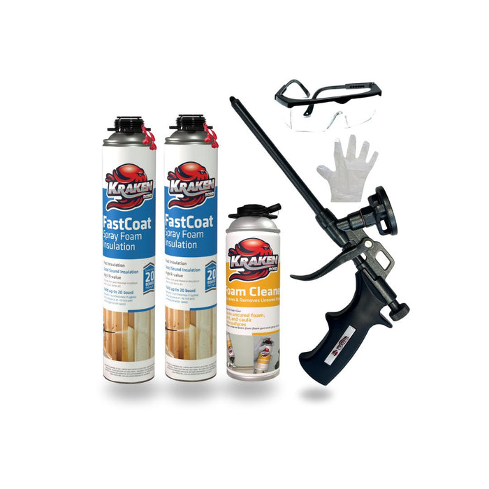 Kraken Bond FastCoat Spray Foam Insulation, Closed Cell Kit - 2 Pack + 1 Foam Cleaner + 1 Foam Gun + 1 Eye Protection + 1 Glove