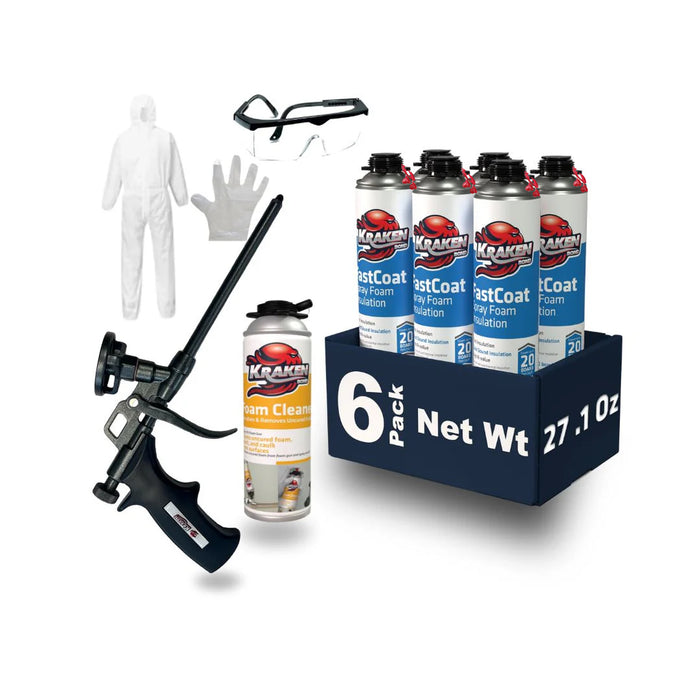 Kraken Bond FastCoat Spray Foam Insulation, Closed Cell Kit - 6 Pack + 1 Foam Cleaner + 1 Foam Gun + Protective Equipment