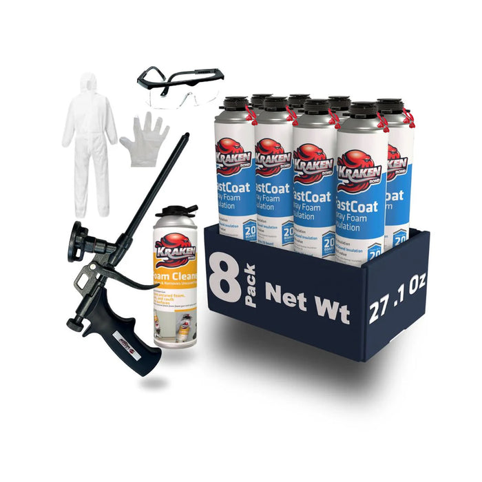 Kraken Bond FastCoat Spray Foam Insulation, Closed Cell Kit - 8 Pack + 1 Foam Cleaner + 1 Foam Gun + Protective Equipment