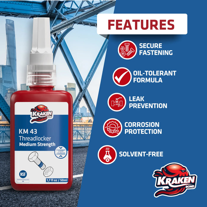 Kraken Bond Medium Strength Blue Threadlocker - KM 43, 1.7 oz / 50 ml
