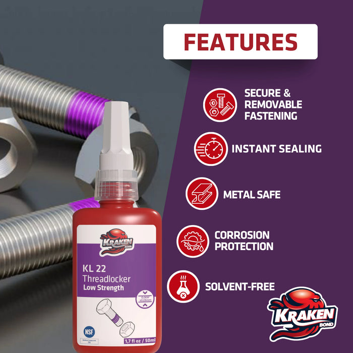 Kraken Bond Low Strength Purple Threadlocker - KL 22, 1.7 oz / 50 ml