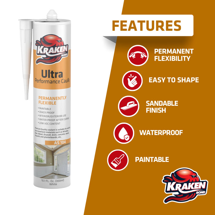 Kraken Bond Ultra Performance Caulk Sealant - White, 10.1 fl oz
