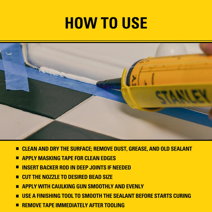 Stanley S422 Kitchen & Bath Tub & Tile Silicone Sealant (Acetoxy cure) - White/Clear, 10.1 fl oz