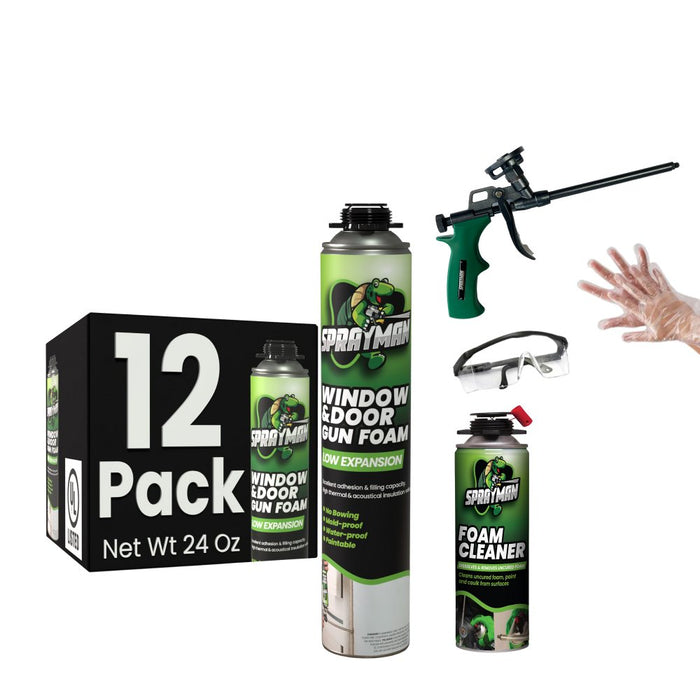 Sprayman Window & Door Low Expansion Spray Foam 12 Pack Set + 1 Foam Cleaner + 1 Foam Gun + 1 Eye Protection + 1 Glove