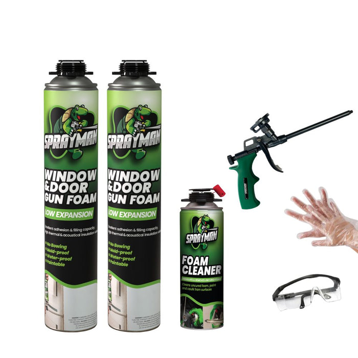 Sprayman Window & Door Low Expansion Spray Foam 2 Pack Set + 1 Foam Cleaner + 1 Foam Gun + 1 Eye Protection + 1 Glove