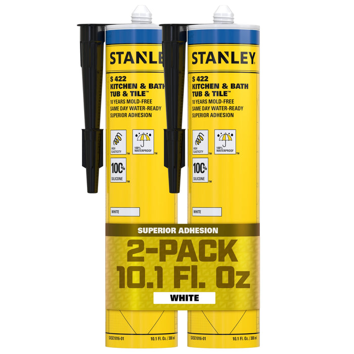 Stanley S422 Kitchen & Bath Tub & Tile Silicone Sealant (Acetoxy cure) - White/Clear, 10.1 fl oz